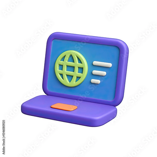 Fototapeta Purple 3D Laptop Icon with a Green Globe on a Dark Background