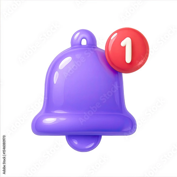 Fototapeta Purple 3D Notification Bell Icon with Red One Digit