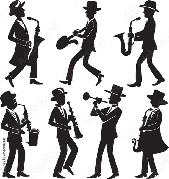 Obraz A collection of stylized illustrations depicting musicians playing various instruments, showcasing the joy and diversity of musical performance