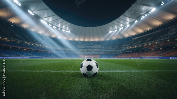 Fototapeta A soccer ball is on a field in a stadium. The stadium is lit up and the ball is in the center of the field