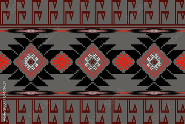 Fototapeta Traditional Thai “Pha Khao Ma” or “Pha Sin” fabric pattern in pixel art style. The design features diamond motifs with stepped shapes in red, black, and gray colors. Inspired by northeastern Thai weav