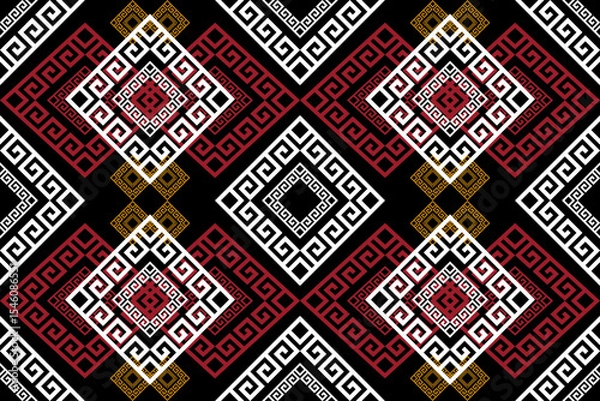 Fototapeta A traditional Thai Ikat fabric pattern in pixel art style featuring floral motifs, concentric diamond shapes, and a colorful arrangement of red, white, yellow, and black tones. Inspired by northern an