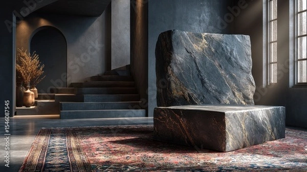 Fototapeta gray stone podium in a minimalist space on embroidered oriental rug 