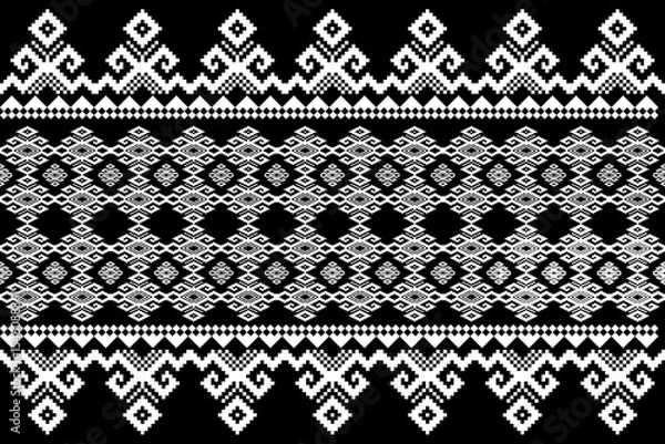 Fototapeta A traditional Thai pixel weaving pattern in black and white, inspired by classic Pha Khao Ma and Phrae Wa fabric designs. This high-contrast geometric textile art blends heritage motifs with modern pi