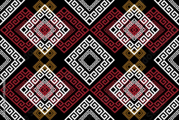 Fototapeta A traditional Thai Ikat fabric pattern in pixel art style featuring floral motifs, concentric diamond shapes, and a colorful arrangement of red, white, yellow, and black tones. Inspired by northern an