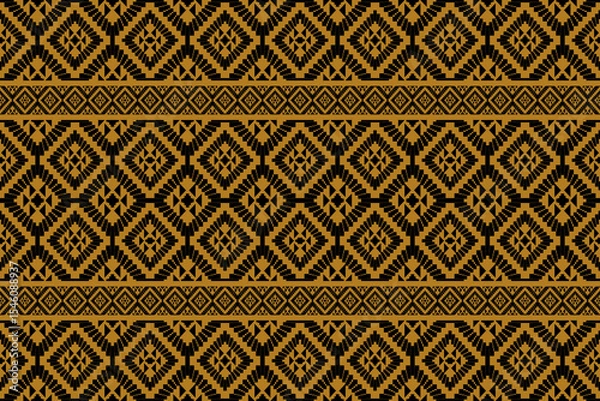 Fototapeta A seamless traditional Thai tribal pattern with diamond-shaped motifs arranged symmetrically in black and ivory tones. This minimalist pixel-style design is inspired by northeastern Thai weaving, feat