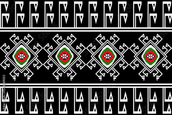 Fototapeta A traditional Thai tribal textile pattern in modern pixel art style, featuring diamond shapes and intricate geometric lines in red, green, white, and black. Inspired by ancient Isan weaving from north