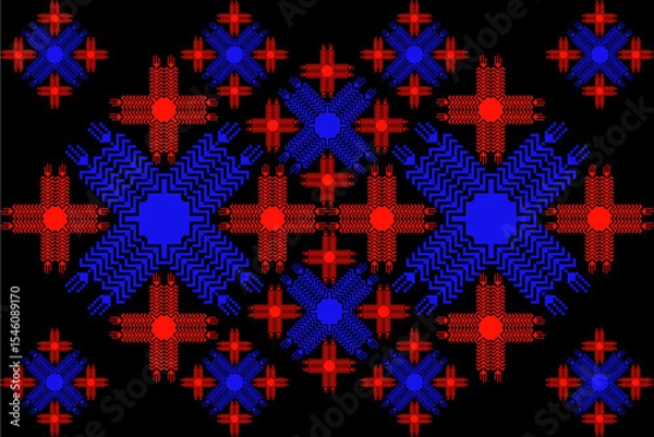 Fototapeta A bold red and blue pixel tribal pattern on black background, inspired by traditional ethnic textile motifs. This digital geometric fabric design blends heritage aesthetics with modern pixel art style