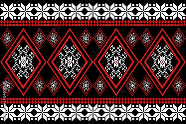 Fototapeta Traditional Thai textile pattern in pixel art style featuring repeating red diamond motifs on a black background. The intricate symmetrical design is inspired by ethnic weaving patterns from Southeast