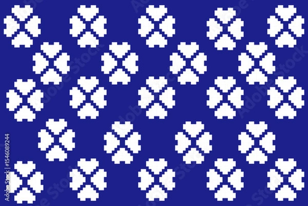 Fototapeta Seamless pixel art floral pattern with white geometric motifs arranged in four-petal shapes on a vibrant blue background. Inspired by traditional Thai textile and digital pixel design. Ideal for fabri