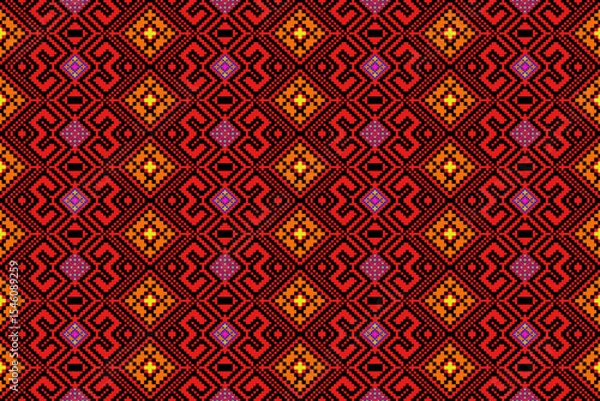 Fototapeta A seamless traditional Thai textile pattern inspired by Phrae Wa weaving from Northeastern Thailand, designed in a modern pixel art style. The design features intricate geometric diamonds and cultural
