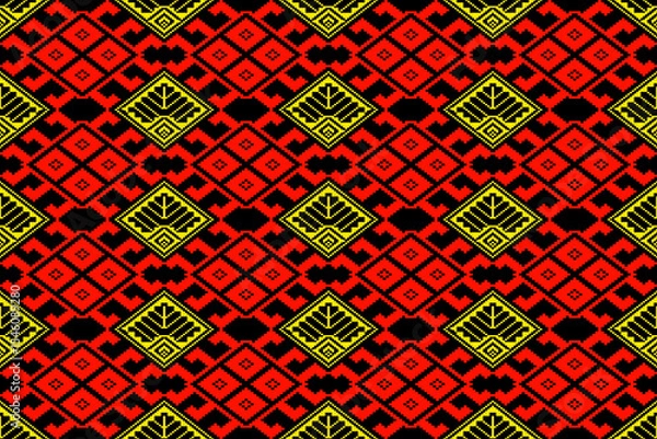Fototapeta Vibrant traditional Praewa textile pattern inspired by Thai weaving culture, designed in a bold pixel art style. Features geometric diamond motifs in red, black, and yellow tones, arranged symmetrical