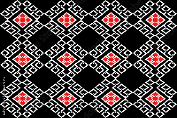 Fototapeta A minimalist Thai traditional textile pattern in pixel art style inspired by Phrae Wa weaving. The design features red and white pixelated diamond motifs arranged in a geometric lattice on a black bac