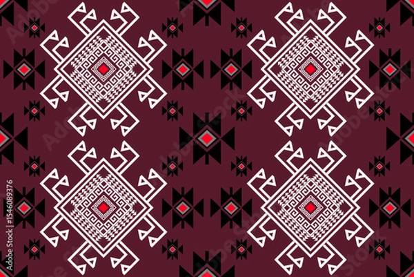Fototapeta A traditional Thai tribal pattern with intricate geometric motifs in maroon, white, and black. The symmetrical design features concentric diamond shapes and spiral maze-like symbols, inspired by north