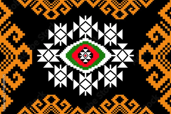 Fototapeta Ethnic tribal-style geometric pattern in pixel art format. Features a central eye-shaped diamond motif with red, green, and black elements, surrounded by white symmetrical shapes. Inspired by traditio