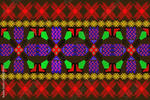 Fototapeta A vibrant pixel art pattern inspired by traditional Phrae Wa handwoven textiles of northeastern Thailand. The seamless geometric design combines bold colors such as red, yellow, green, blue, and pink,