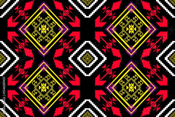 Fototapeta A vibrant digital textile design inspired by traditional Phrae Wa weaving from Thailand, created in modern pixel art style. Features symmetrical geometric patterns in red, yellow, white, and purple on