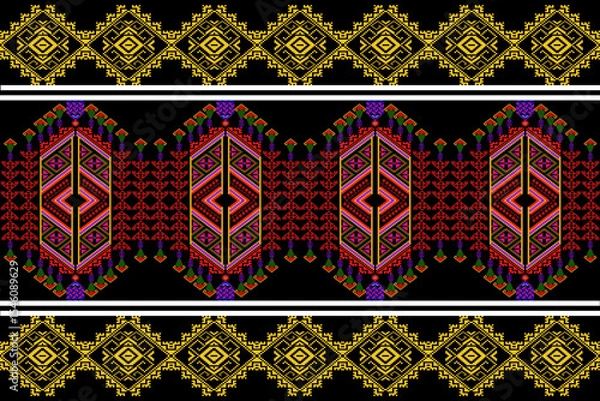 Fototapeta A striking pixel art pattern inspired by traditional Thai Phrae Wa weaving, reimagined in vivid geometr'ic form. The design features bold diamond shapes, symbolic motifs, and a seamless layout in red,