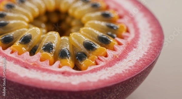 Fototapeta Close-up View of Fresh Passion Fruit Halved to Reveal Juicy Seeds and Vibrant Pulp on Neutral Background