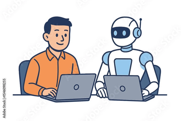 Fototapeta A man and a robot are seated together with computers in a workplace, symbolizing a future  workforce in a flat vector illustration that represents friendship, AI, cooperation, and digital