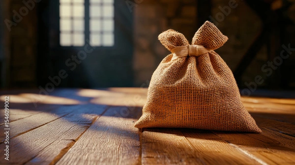 Fototapeta Rustic organic sack made of burlap sits on wooden floor, illuminated by soft sunlight streaming through window, creating warm atmosphere