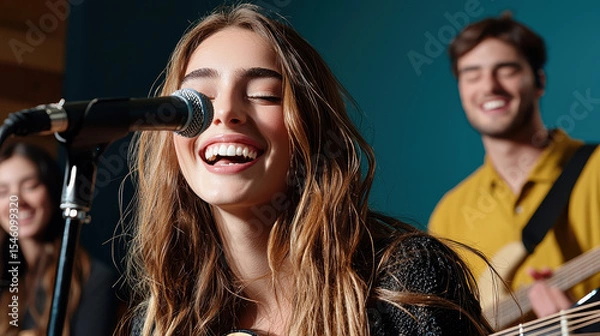 Fototapeta Joyful singer performs passionately with microphone, surrounded by musicians. vibrant atmosphere captures essence of live music