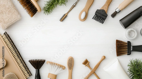 Fototapeta Natural beauty tools and accessories arranged on light wooden surface, creating serene and organized atmosphere for self care
