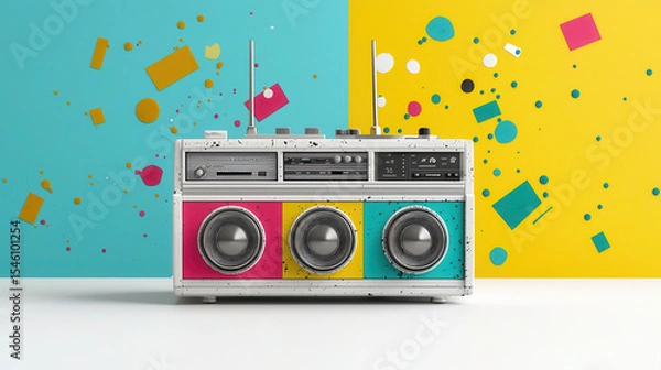 Fototapeta Retro inspired boombox with vibrant colors against colorful background, evoking nostalgia and fun