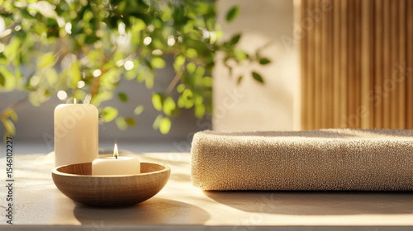 Fototapeta Serene spa sanctuary featuring candles, soft towel, and natural elements creates calming atmosphere for relaxation