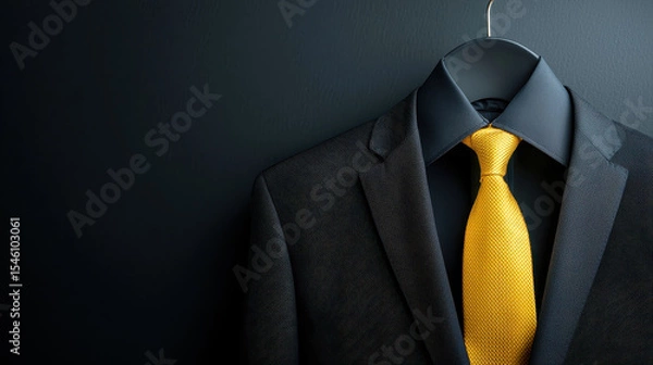 Fototapeta Stylish black suit with vibrant yellow tie is elegantly displayed on hanger against dark background, exuding sophistication and confidence