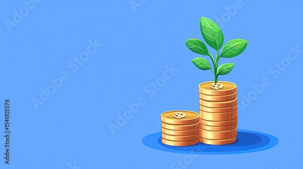 Fototapeta Stack of coins with small plant growing from top, symbolizing financial growth and investment. background is solid blue color, creating vibrant