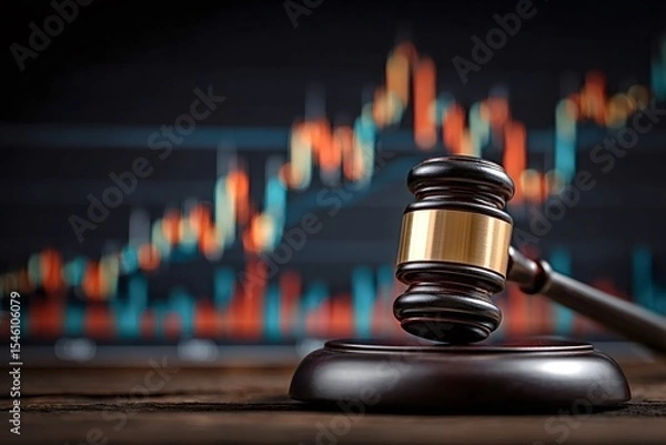 Obraz Judge gavel is placed on wooden surface, with blurred stock market chart displayed on screen in background, representing concept of financial regulations and legal proceedings in trading