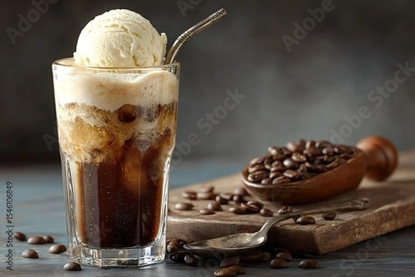 Obraz Chilled glass of iced coffee topped with a scoop of creamy vanilla ice cream, accompanied by a metal straw and scattered coffee beans on a rustic wooden board, embodying summer refreshment