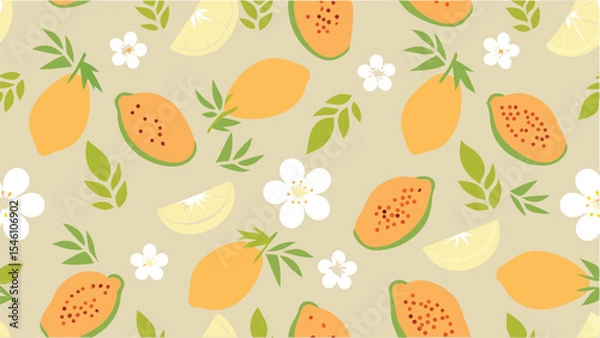 Fototapeta A seamless pattern featuring lemons, papayas, white flowers, and green leaves on a light beige background
