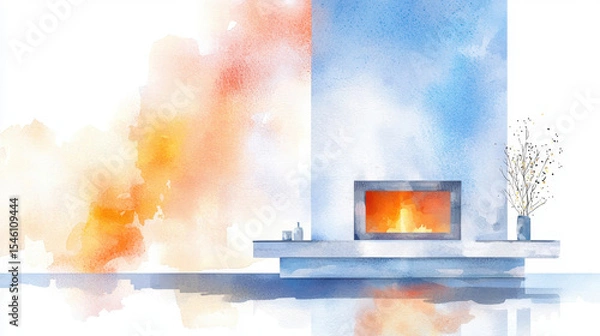 Fototapeta Serene watercolor sketch of cozy fireplace, featuring soft hues of orange and blue, creating warm and inviting atmosphere