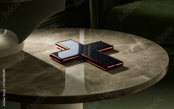 Fototapeta Foldable Cross Smartphone Design on Glossy Stone Surface. Futuristic Phone Concept