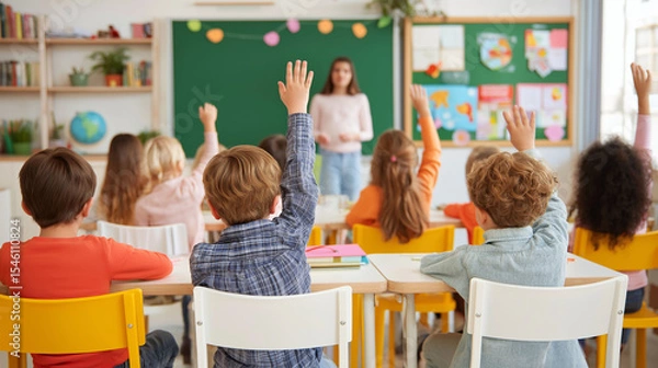 Fototapeta A cheerful teacher orchestrates an interactive lesson with attentive pupils inside a vibrant classroom, where education flourishes and creativity thrives.