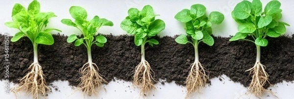 Obraz Young green seedlings with visible roots on soil