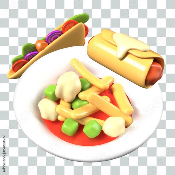Fototapeta Realistic plate with vegetable soup, quesadilla, taquitos. Vector creative culinary composition