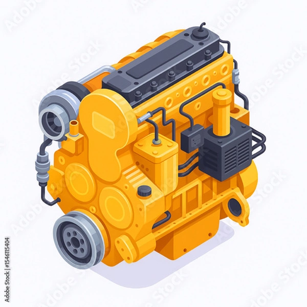 Obraz Powerful Yellow Industrial Engine Detailed Isometric View showcasing intricate components and robust design ideal for engineering projects and machinery illustrations.