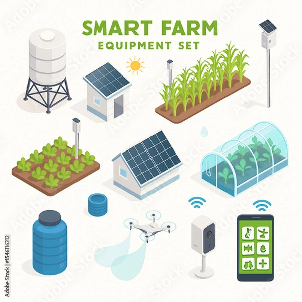 Obraz Smart Farm Technology Equipment Set Isometric Illustration featuring Solar Panels Drones and Sensors for Modern Agriculture
