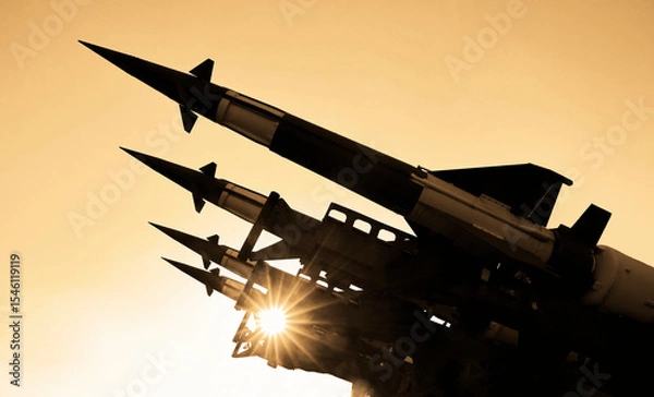Obraz 4 four missiles on the installation are aimed upwards. weapons of mass destruction, missile defense. Nuclear warhead, chemical bomb.