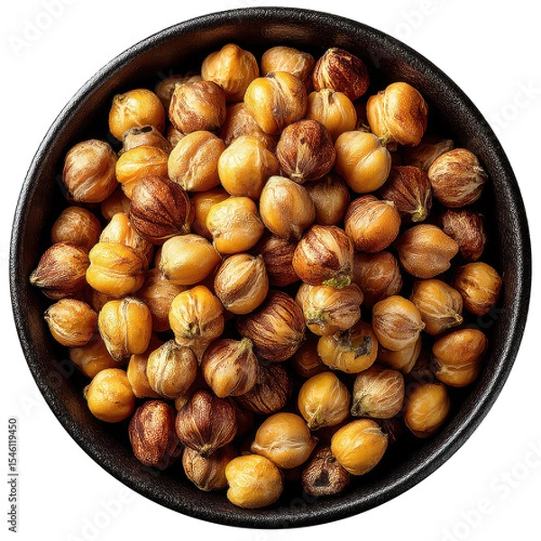 Fototapeta Top View Black Bowl Of Roasted Chickpeas Isolated On Transparent Background. Isolated Chickpeas