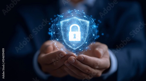 Fototapeta Businessman Holding Shield for Cybersecurity and Data Protection