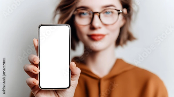 Fototapeta Woman showing phone screen to camera, blank UI