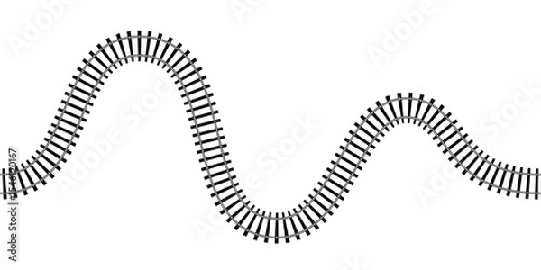 Obraz Top view of curved railway isolated on white background. Wavy railroad track with rails and ties. Transportation infographic. Seamless vector illustration.