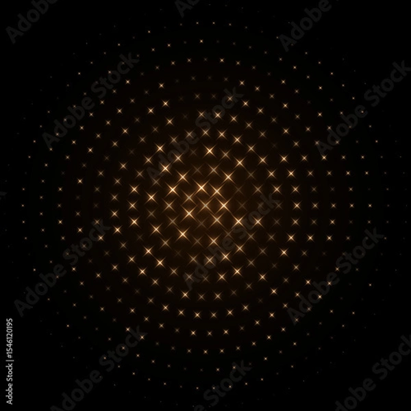 Obraz Abstract golden halftone star dotted round pattern. Black geometric shape with gradient effect on black background. Minimalistic, futuristic, graphic vector illustration.