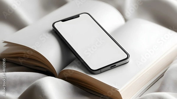 Fototapeta Phone mockup placed on open book, screen blank