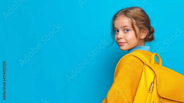 Fototapeta A Young student's optimistic gaze over shoulder, sporting a radiant smile and school bag, suggesting a welcoming atmosphere.