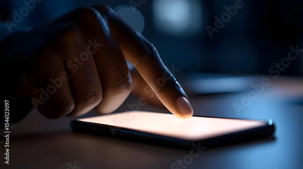 Fototapeta Close-up of hand tapping on blank smartphone screen 